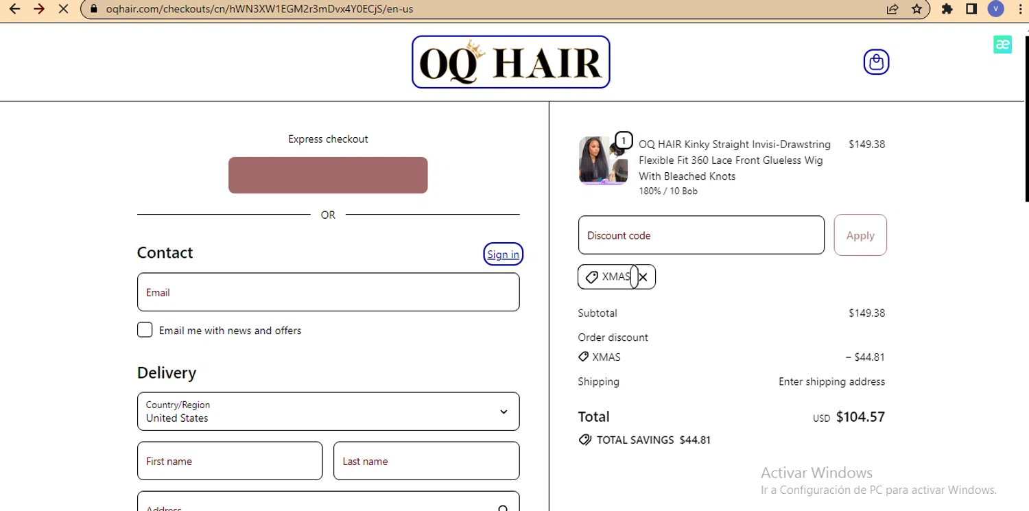 Oq Hair discount code screenshot showing code XMAS applied at Oq Hair checkout page. Uploaded by SimplyCodes community member beatrizcastillo on Sep 29, 2025