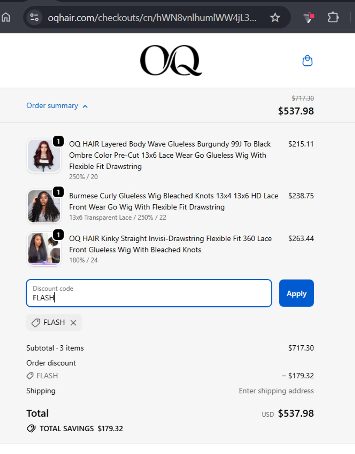 Oq Hair checkout page showing Oq Hair discount code box | Screenshot taken by SimplyCodes community member on Feb 18, 2026