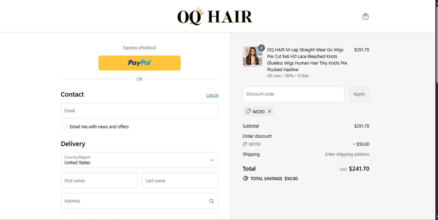 Oq Hair discount code screenshot showing code WD50 applied at Oq Hair checkout page. Uploaded by SimplyCodes community member Xiooh292929 on Jul 31, 2025