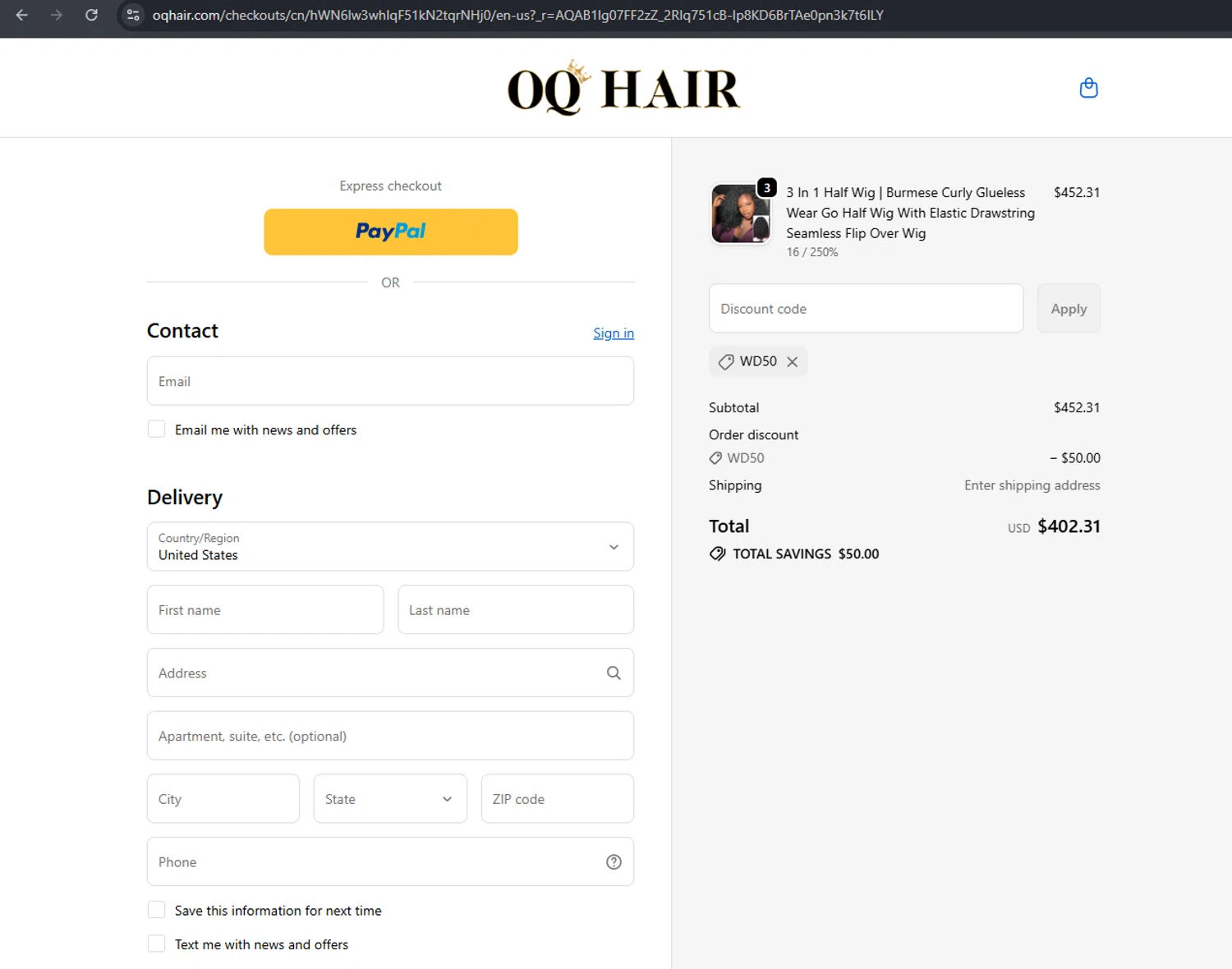 Oq Hair discount code screenshot showing code WD50 applied at Oq Hair checkout page. Uploaded by SimplyCodes community member arimakouse on Dec 11, 2025
