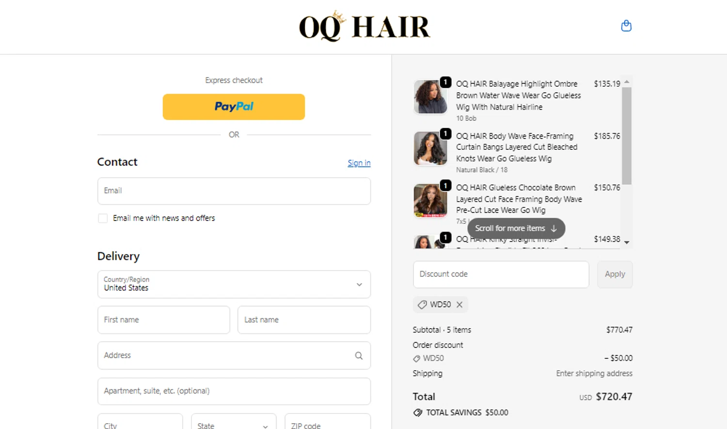 Oq Hair discount code screenshot showing code WD50 applied at Oq Hair checkout page. Uploaded by SimplyCodes community member franklinmiranda on Nov 15, 2025