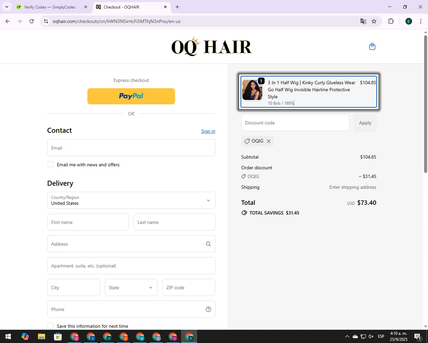 Oq Hair discount code screenshot showing code OQIG applied at Oq Hair checkout page. Uploaded by SimplyCodes community member 00000006 on Sep 25, 2025