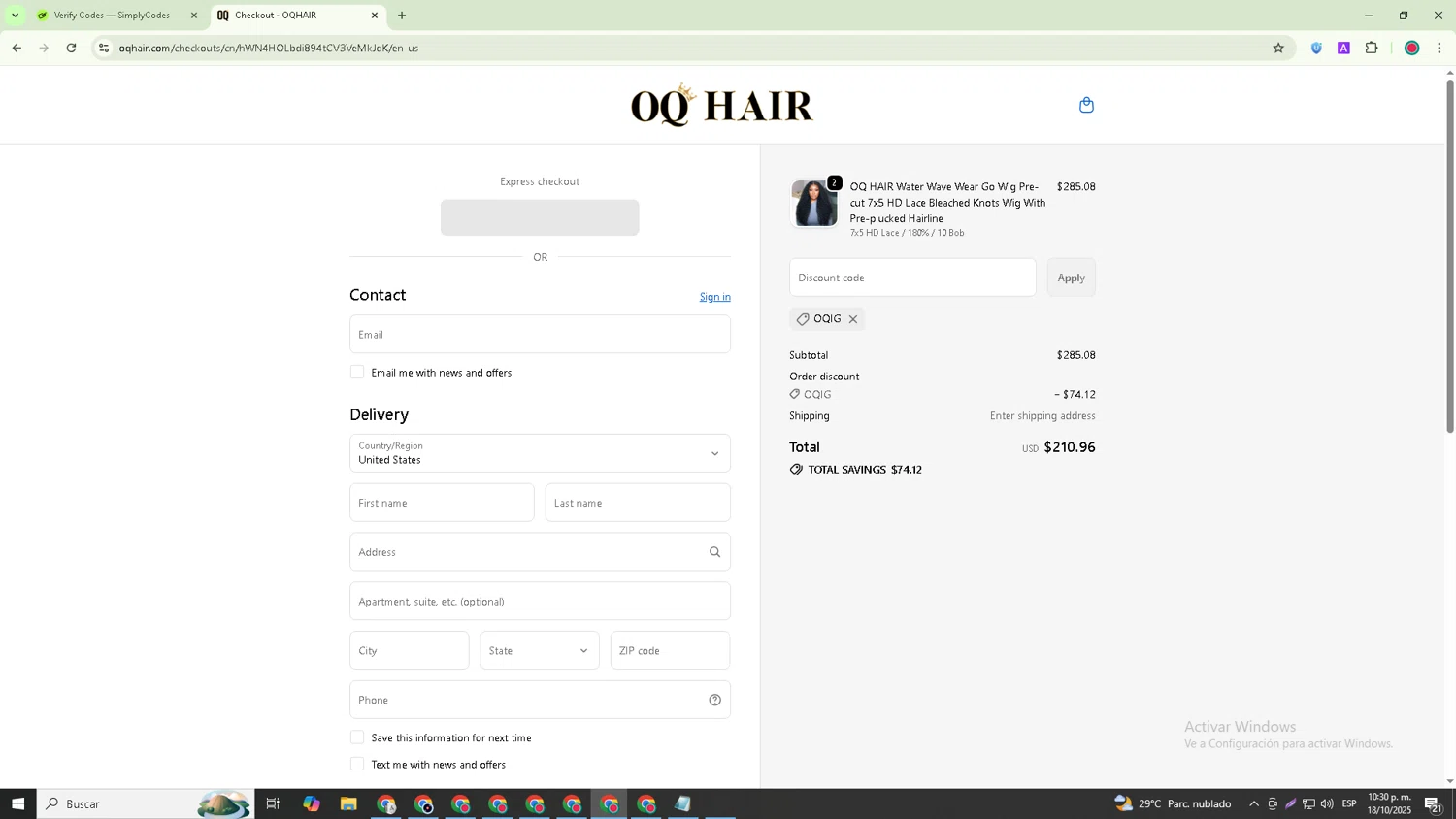 Oq Hair discount code screenshot showing code OQIG applied at Oq Hair checkout page. Uploaded by SimplyCodes community member David_Garcia on Oct 19, 2025