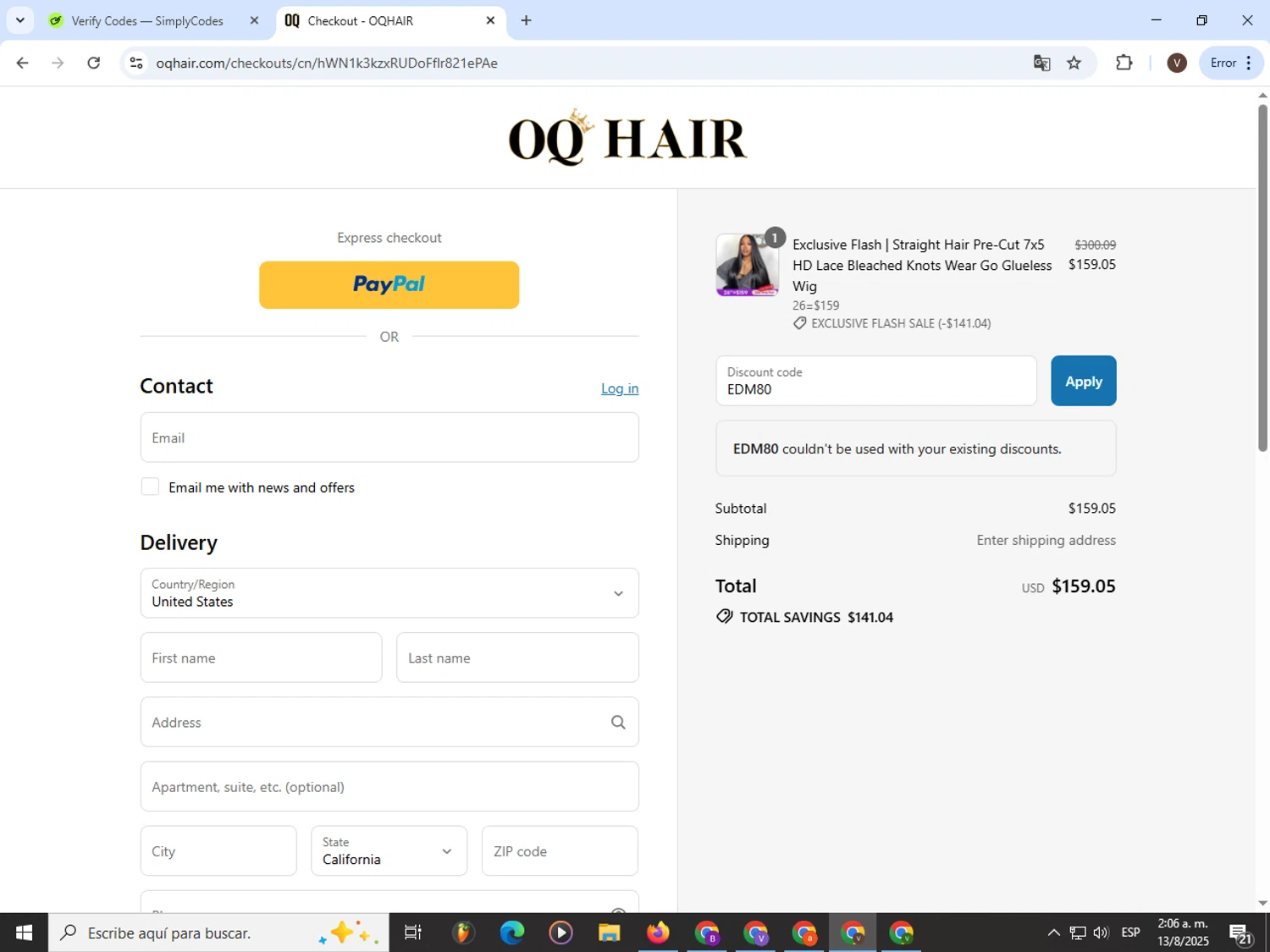 Oq Hair discount code screenshot showing code EDM80 applied at Oq Hair checkout page. Uploaded by SimplyCodes community member CashLion3448 on Aug 13, 2025