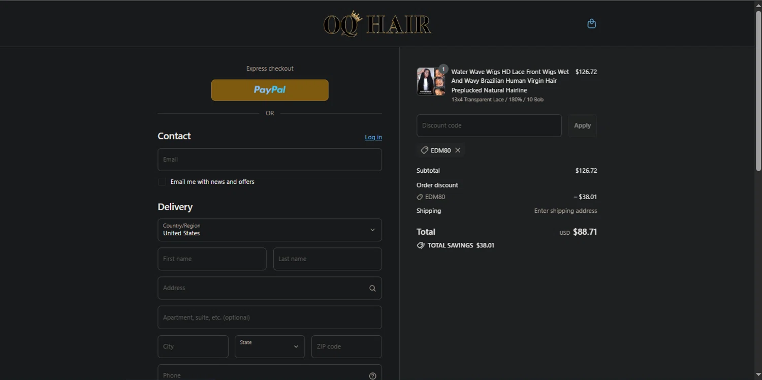 Oq Hair discount code screenshot showing code EDM80 applied at Oq Hair checkout page. Uploaded by SimplyCodes community member _Capi_ on Jul 23, 2025