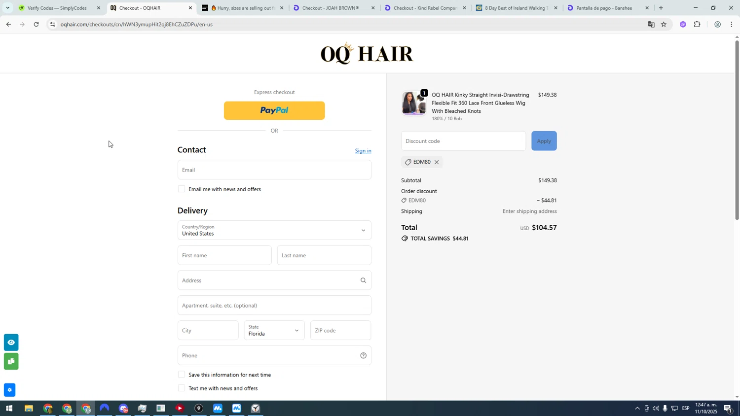 Oq Hair discount code screenshot showing code EDM80 applied at Oq Hair checkout page. Uploaded by SimplyCodes community member asdasdasd on Oct 11, 2025