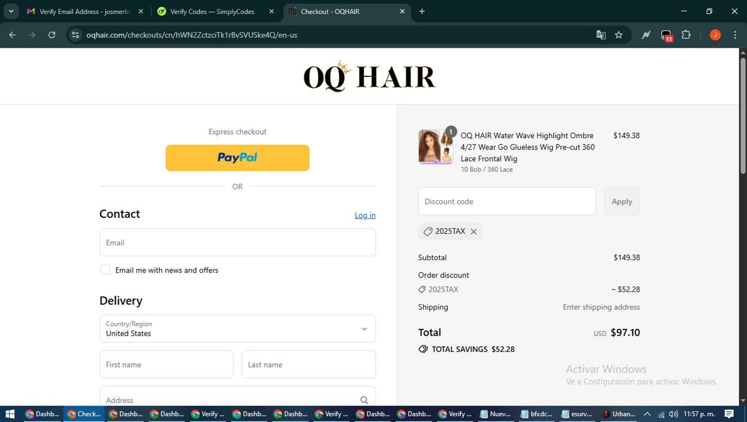 Oq Hair discount code screenshot showing code 2025TAX applied at Oq Hair checkout page. Uploaded by SimplyCodes community member NobleAce2304 on Sep 4, 2025