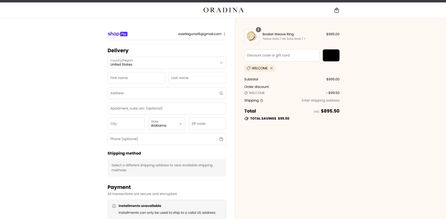 Oradina discount code screenshot showing code WELCOME applied at Oradina checkout page. Uploaded by SimplyCodes community member Elosox1 on Aug 24, 2025