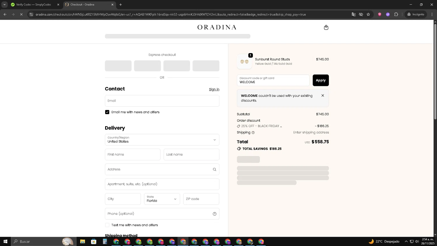 Oradina discount code screenshot showing code WELCOME applied at Oradina checkout page. Uploaded by SimplyCodes community member pequenokalvin5 on Nov 26, 2025