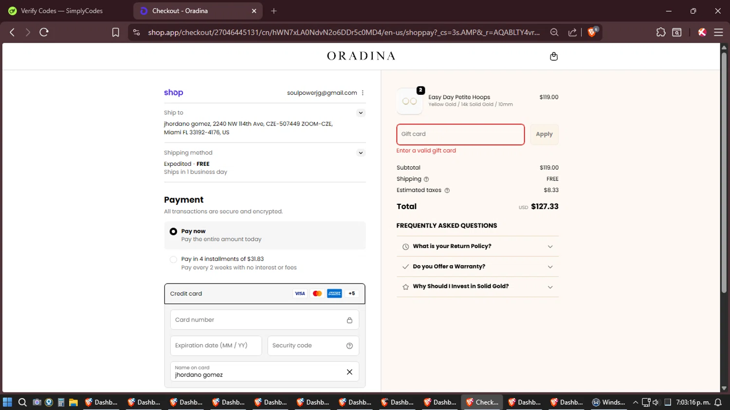 Oradina discount code screenshot showing code ORADINA15 applied at Oradina checkout page. Uploaded by SimplyCodes community member Amidamaru on Jan 23, 2026