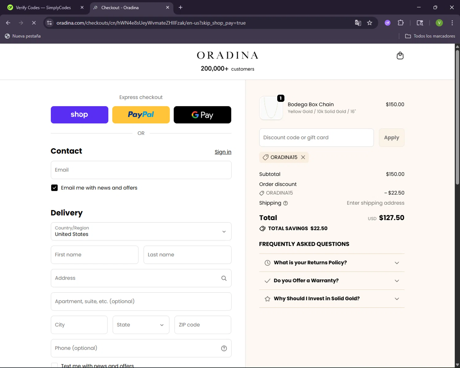Oradina discount code screenshot showing code ORADINA15 applied at Oradina checkout page. Uploaded by SimplyCodes community member CleverNavigator1236 on Oct 28, 2025