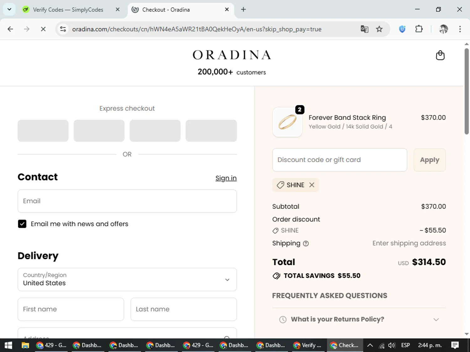 Oradina discount code screenshot showing code SHINE applied at Oradina checkout page. Uploaded by SimplyCodes community member CleverLegend6607 on Oct 28, 2025