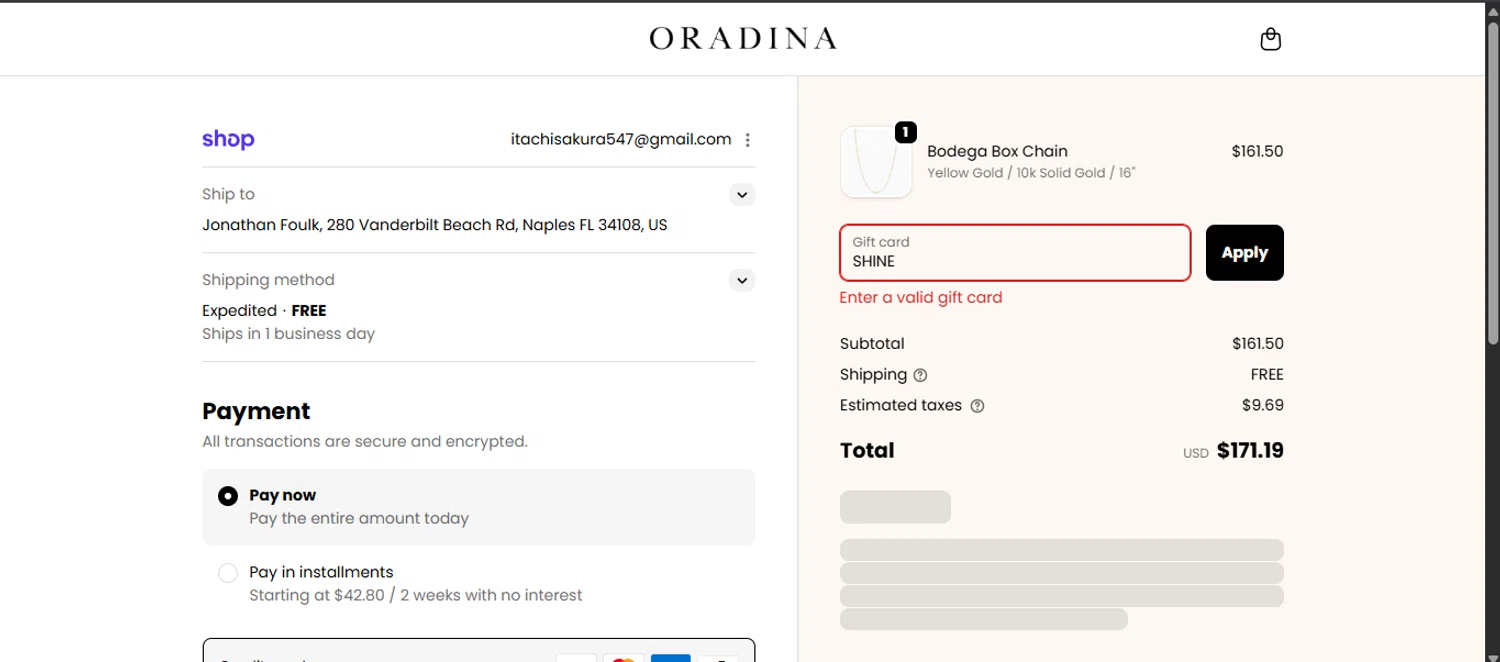 Oradina discount code screenshot showing code SHINE applied at Oradina checkout page. Uploaded by SimplyCodes community member noworries on Jan 23, 2026