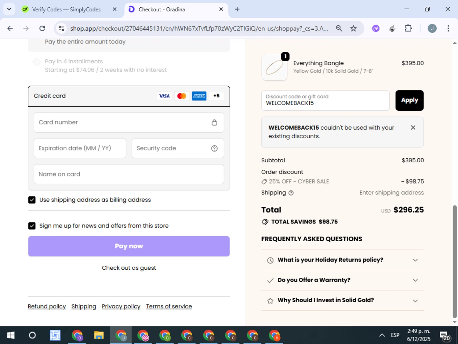 Oradina discount code screenshot showing code WELCOMEBACK15 applied at Oradina checkout page. Uploaded by SimplyCodes community member ValueTracker8384 on Dec 6, 2025