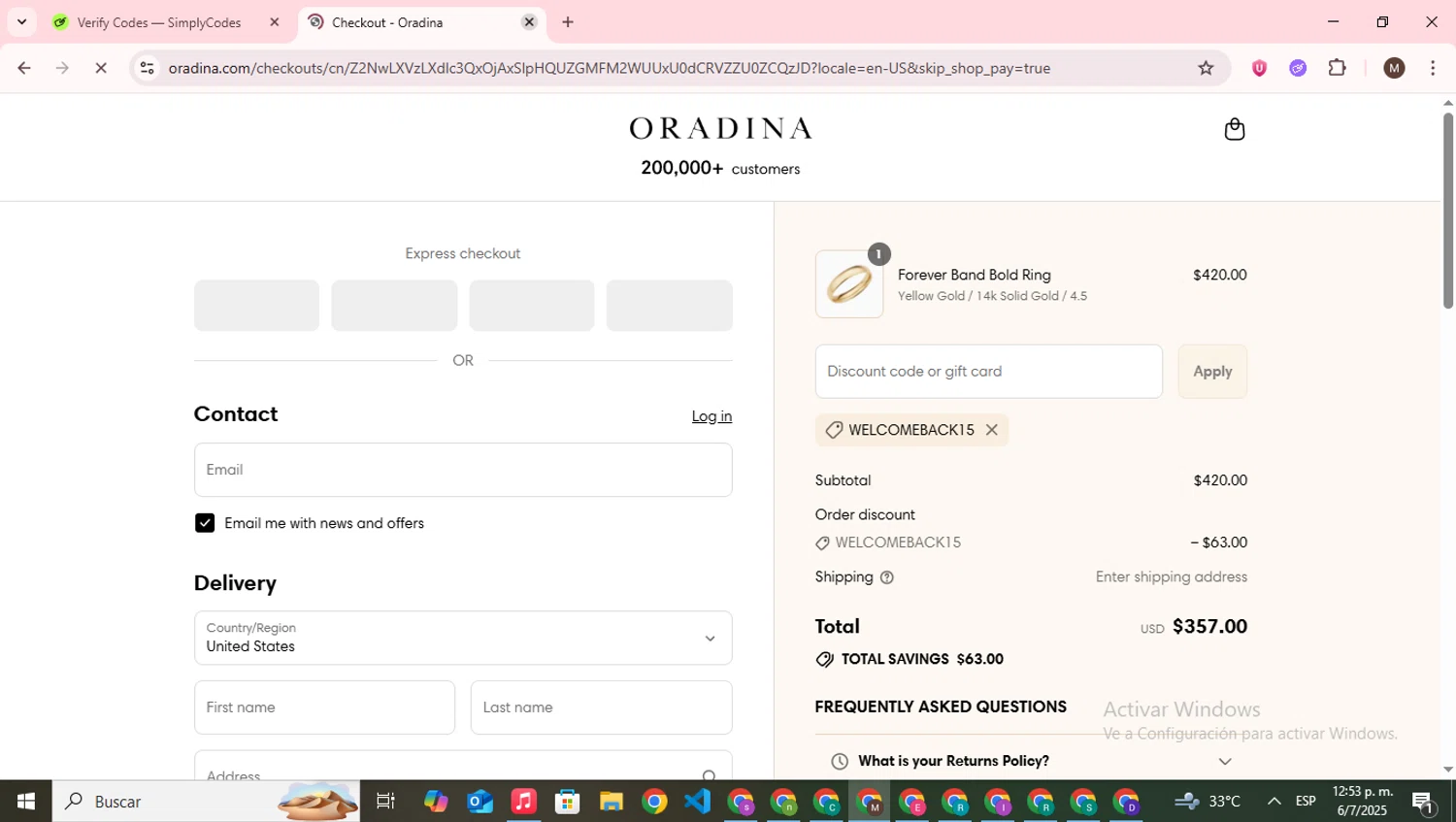 Oradina discount code screenshot showing code WELCOMEBACK15 applied at Oradina checkout page. Uploaded by SimplyCodes community member WonderWizard9060 on Jul 6, 2025