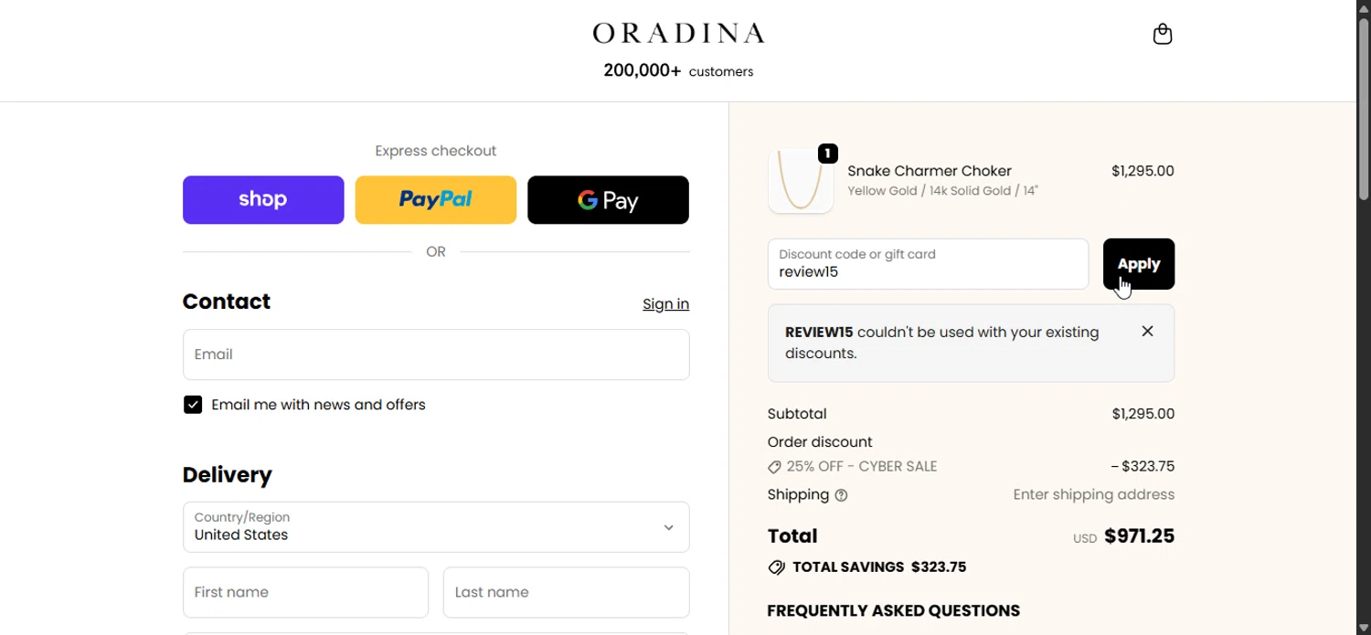 Oradina discount code screenshot showing code review15 applied at Oradina checkout page. Uploaded by SimplyCodes community member LuckyPioneer1027 on Dec 6, 2025