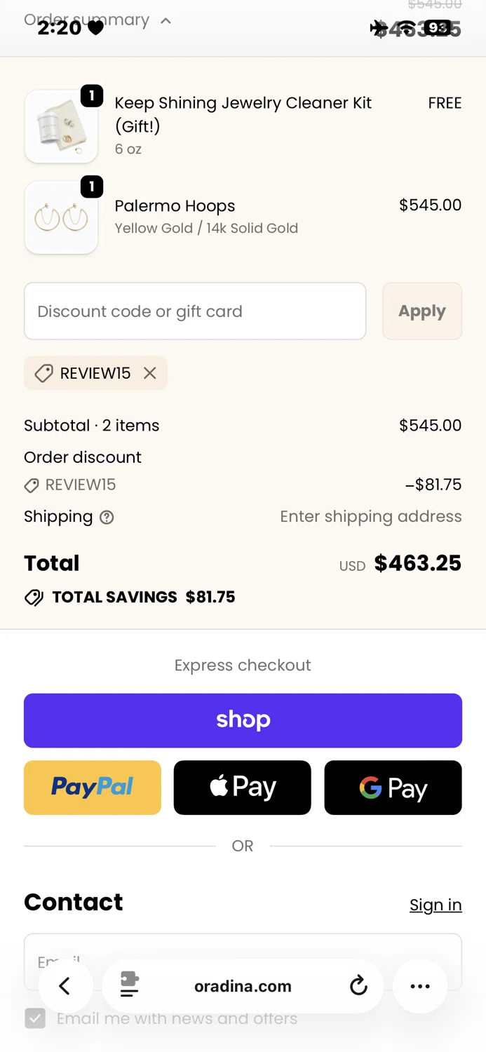 Oradina discount code screenshot showing code review15 applied at Oradina checkout page. Uploaded by SimplyCodes community member TraxoGamer on Oct 24, 2025