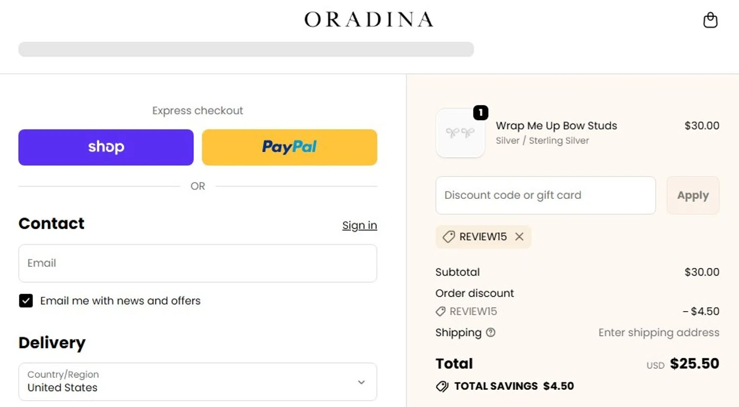 Oradina discount code screenshot showing code review15 applied at Oradina checkout page. Uploaded by SimplyCodes community member Elcompa on Oct 24, 2025