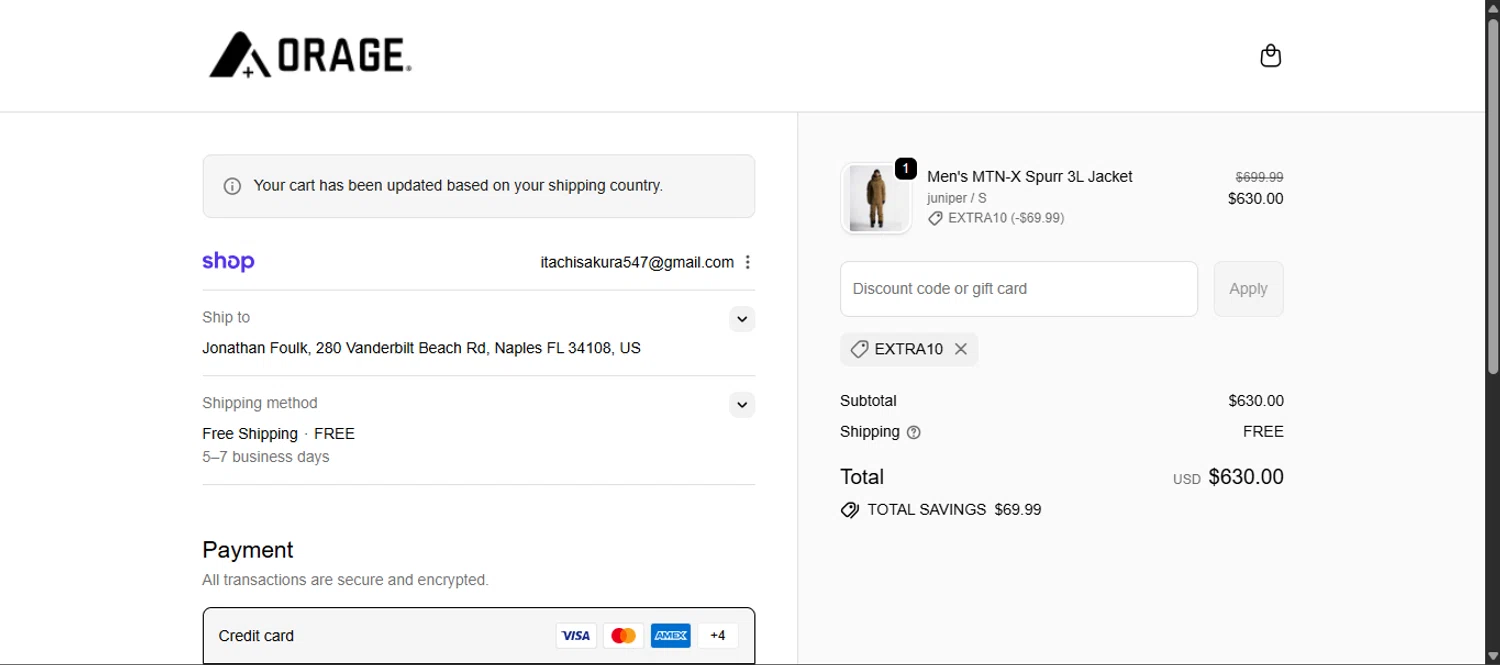 Orage discount code screenshot showing code extra10 applied at Orage checkout page. Uploaded by SimplyCodes community member noworries on Dec 10, 2025