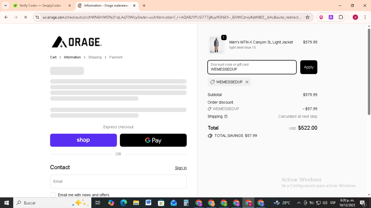 Orage discount code screenshot showing code WEMESSEDUP applied at Orage checkout page. Uploaded by SimplyCodes community member FrugalMonarch7277 on Dec 10, 2025