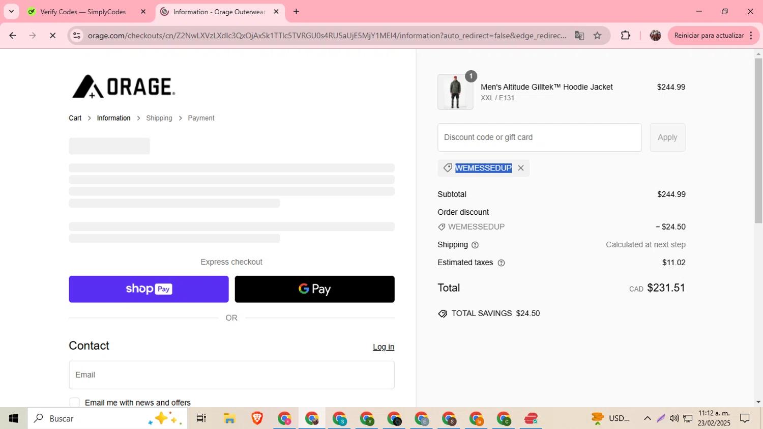 Orage discount code screenshot showing code WEMESSEDUP applied at Orage checkout page. Uploaded by SimplyCodes community member BargainExpert9390 on Feb 23, 2025