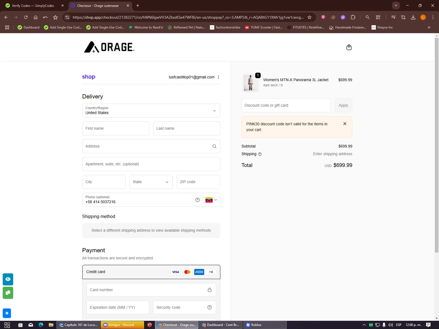 Orage discount code screenshot showing code PINK30 applied at Orage checkout page. Uploaded by SimplyCodes community member Alalee on Dec 23, 2025