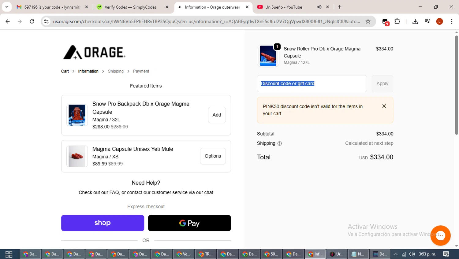 Orage checkout page showing Orage discount code box | Screenshot taken by SimplyCodes community member on Dec 16, 2025