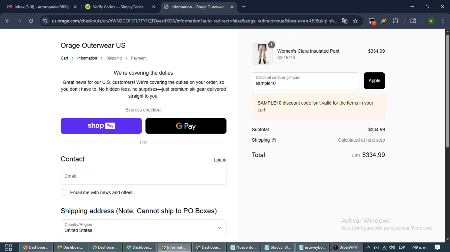 Orage discount code screenshot showing code sample10 applied at Orage checkout page. Uploaded by SimplyCodes community member CashLynx5338 on Aug 26, 2025