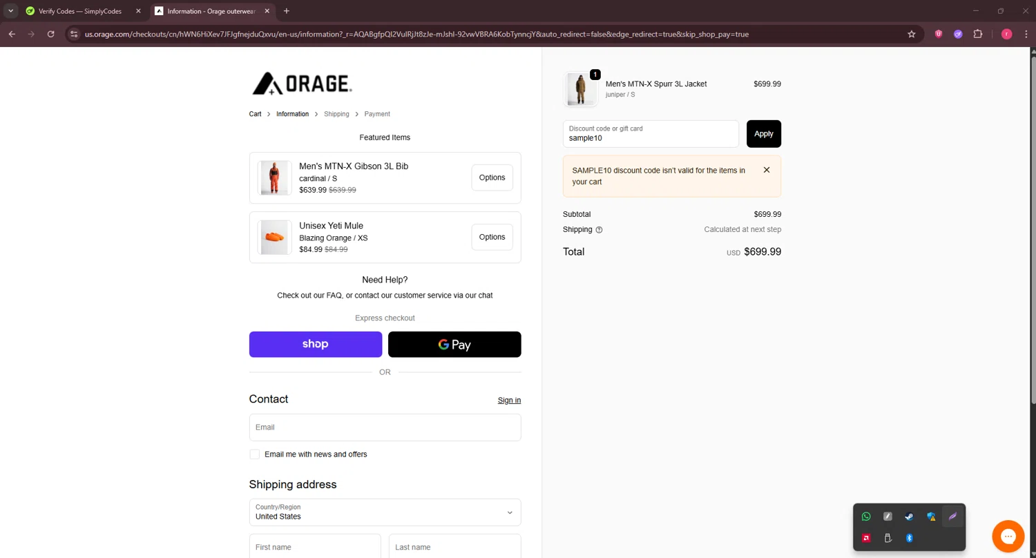 Orage discount code screenshot showing code sample10 applied at Orage checkout page. Uploaded by SimplyCodes community member CouponSage7331 on Dec 10, 2025