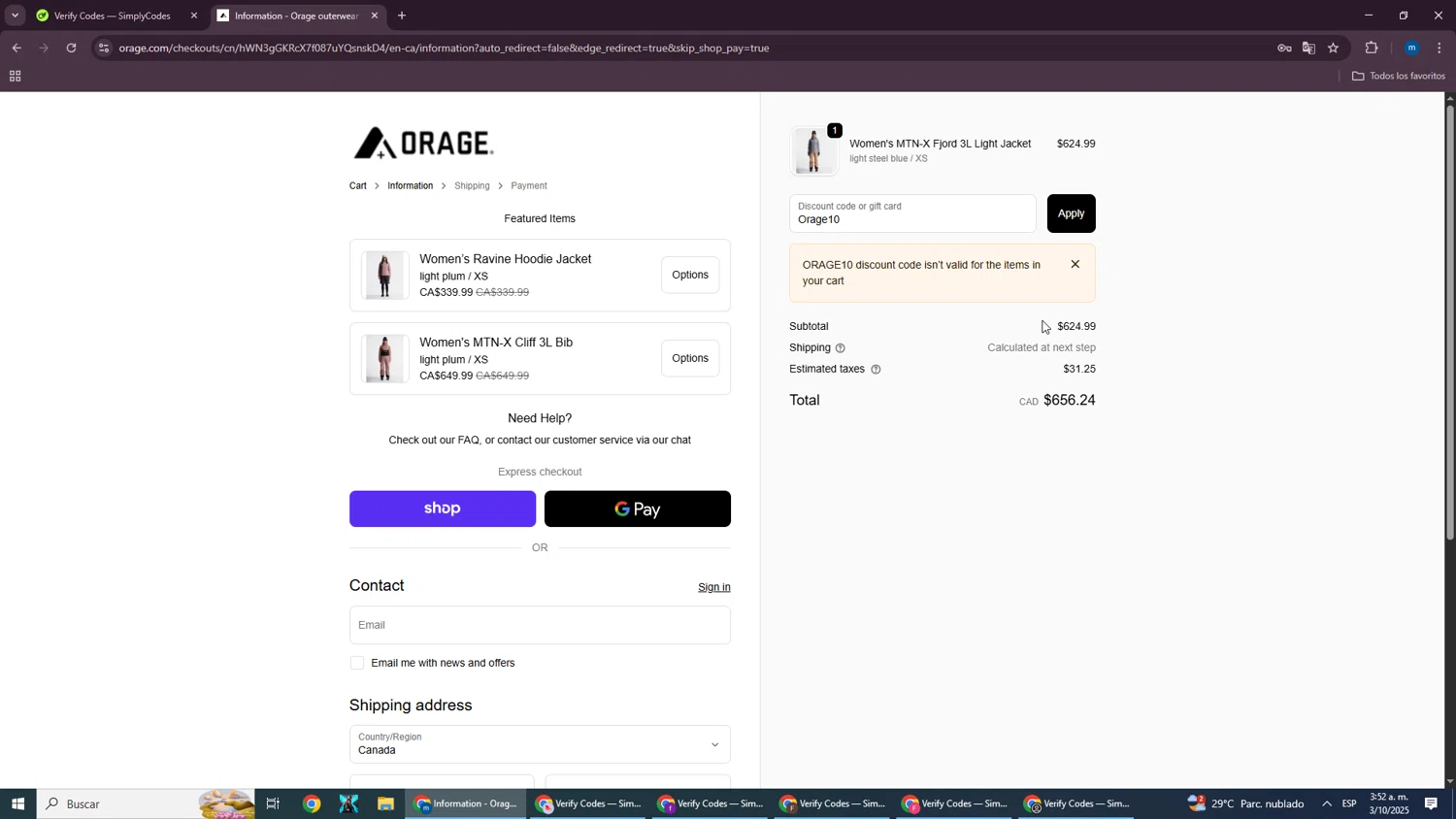 Orage discount code screenshot showing code Orage10 applied at Orage checkout page. Uploaded by SimplyCodes community member SmartWizard8062 on Oct 3, 2025