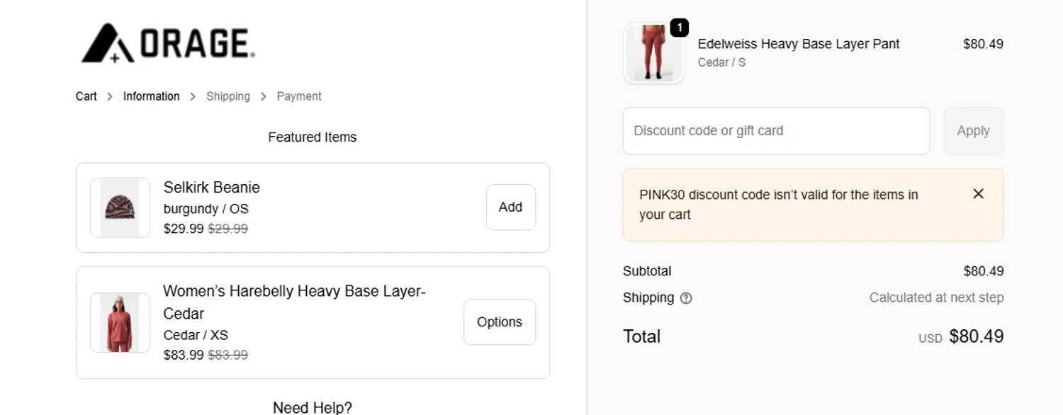 Orage discount code screenshot showing code PINK30 applied at Orage checkout page. Uploaded by SimplyCodes community member ashe1986 on Oct 24, 2025