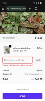 Orange Lake Nursery coupon verification screenshot