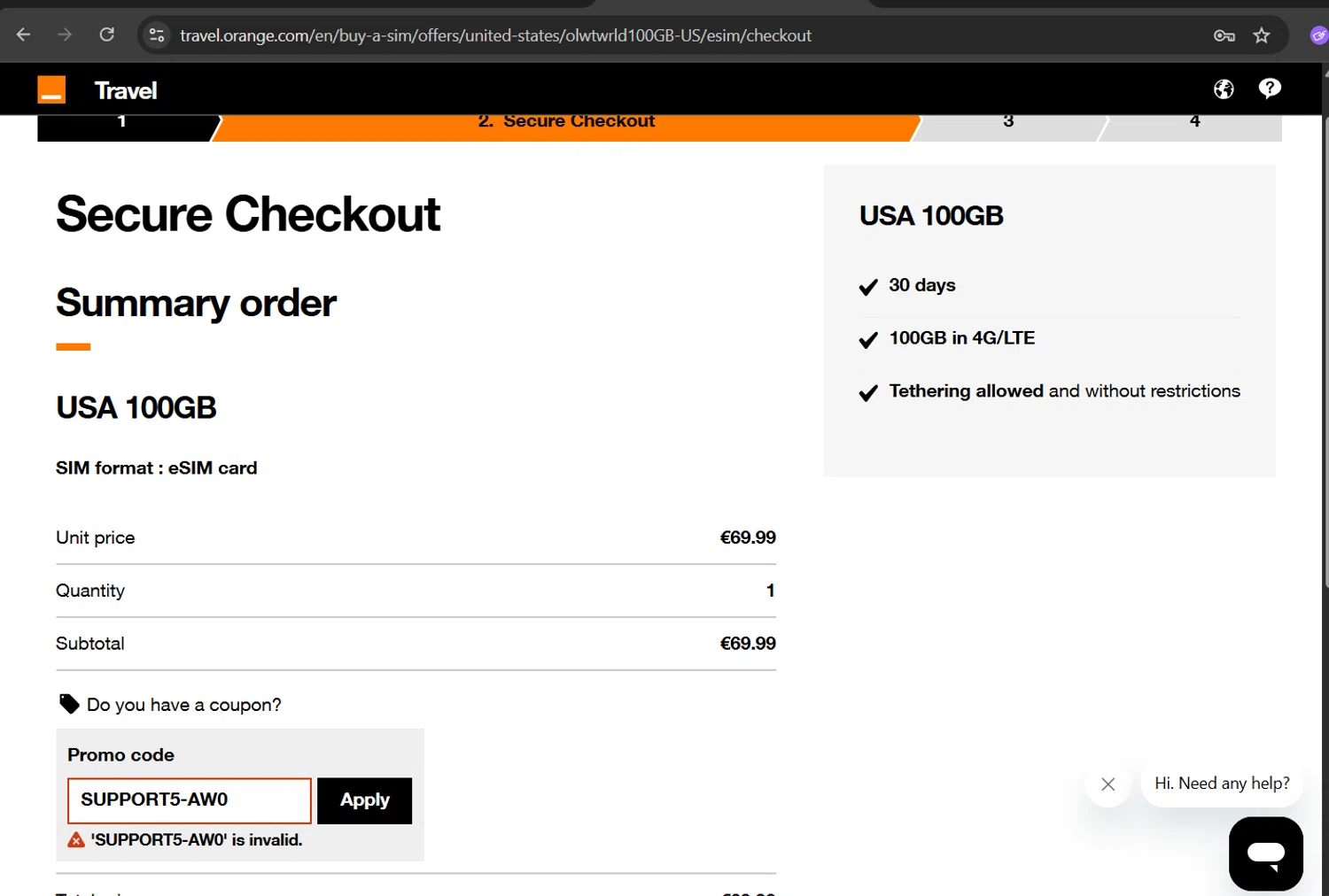 Orange Travel promo code screenshot showing code SUPPORT5-AW0 applied at Orange Travel checkout page. Uploaded by SimplyCodes community member ArizaJuan on May 17, 2025
