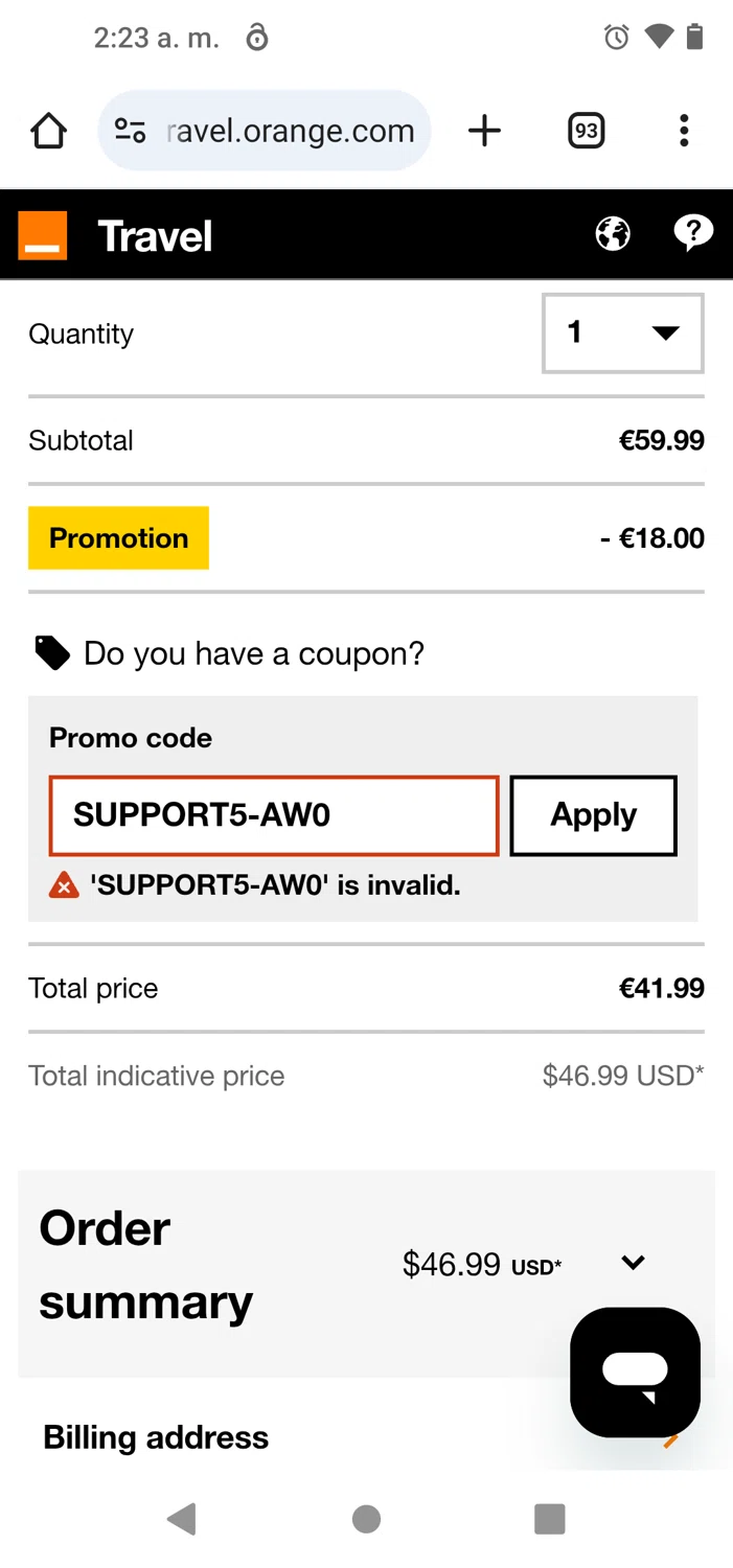 Orange Travel promo code screenshot showing code SUPPORT5-AW0 applied at Orange Travel checkout page. Uploaded by SimplyCodes community member MeganFox on May 17, 2025