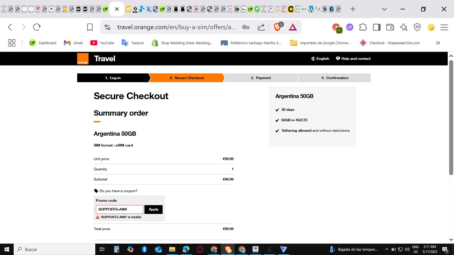 Orange Travel promo code screenshot showing code SUPPORT5-AW0 applied at Orange Travel checkout page. Uploaded by SimplyCodes community member conorgrey on May 17, 2025