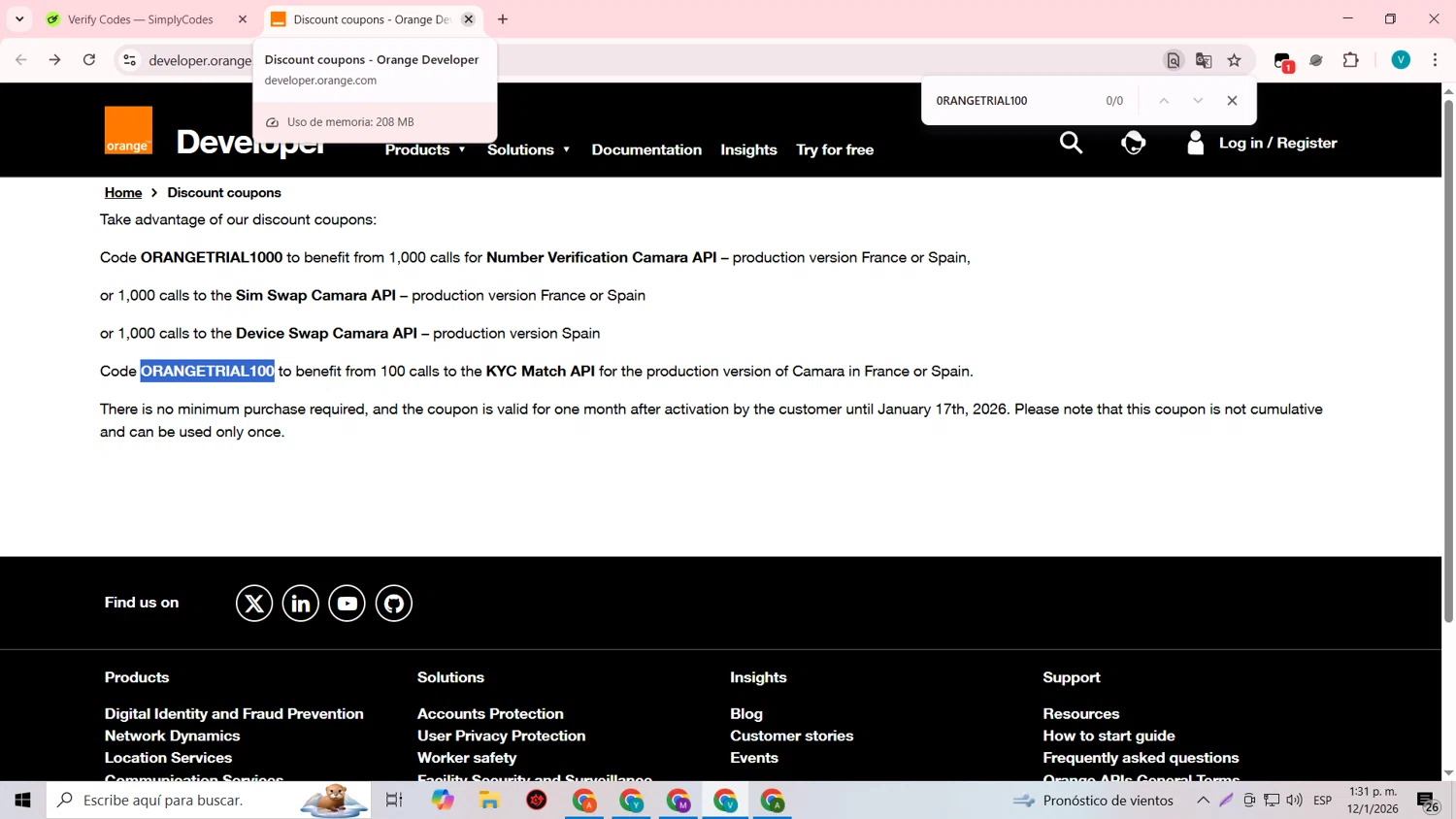 Orange Travel promo code screenshot showing code 0RANGETRIAL100 applied at Orange Travel checkout page. Uploaded by SimplyCodes community member lyffytaro on Jan 12, 2026