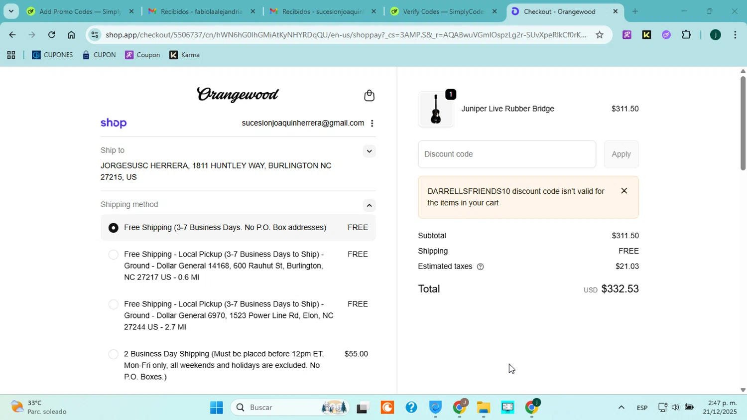 Orangewood Guitars promo code screenshot showing code DARRELLSFRIENDS10 applied at Orangewood Guitars checkout page. Uploaded by SimplyCodes community member jorgejavierherrera on Dec 21, 2025