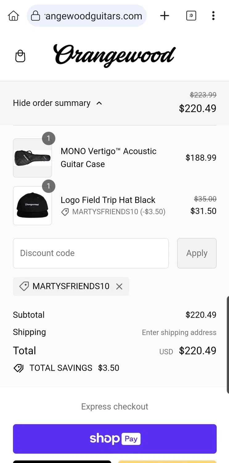 where to use OrangeWood Guitars promo code box