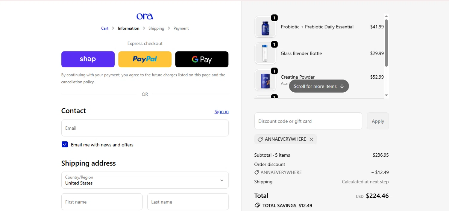 Ora Organic discount code screenshot showing code annaeverywhere applied at Ora Organic checkout page. Uploaded by SimplyCodes community member CashAce9852 on Jan 16, 2026