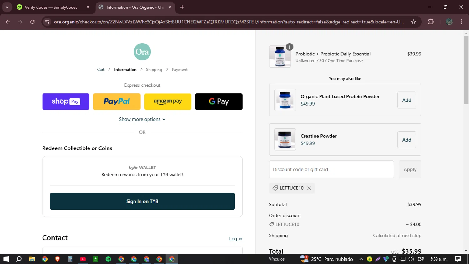 Ora Organic discount code screenshot showing code LETTUCE10 applied at Ora Organic checkout page. Uploaded by SimplyCodes community member Mr_Allighieri on Feb 5, 2025