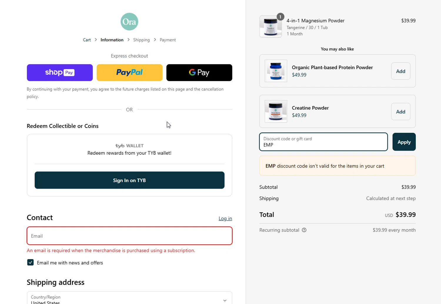 Ora Organic discount code screenshot showing code EMP applied at Ora Organic checkout page. Uploaded by SimplyCodes community member DonGato on Mar 7, 2025