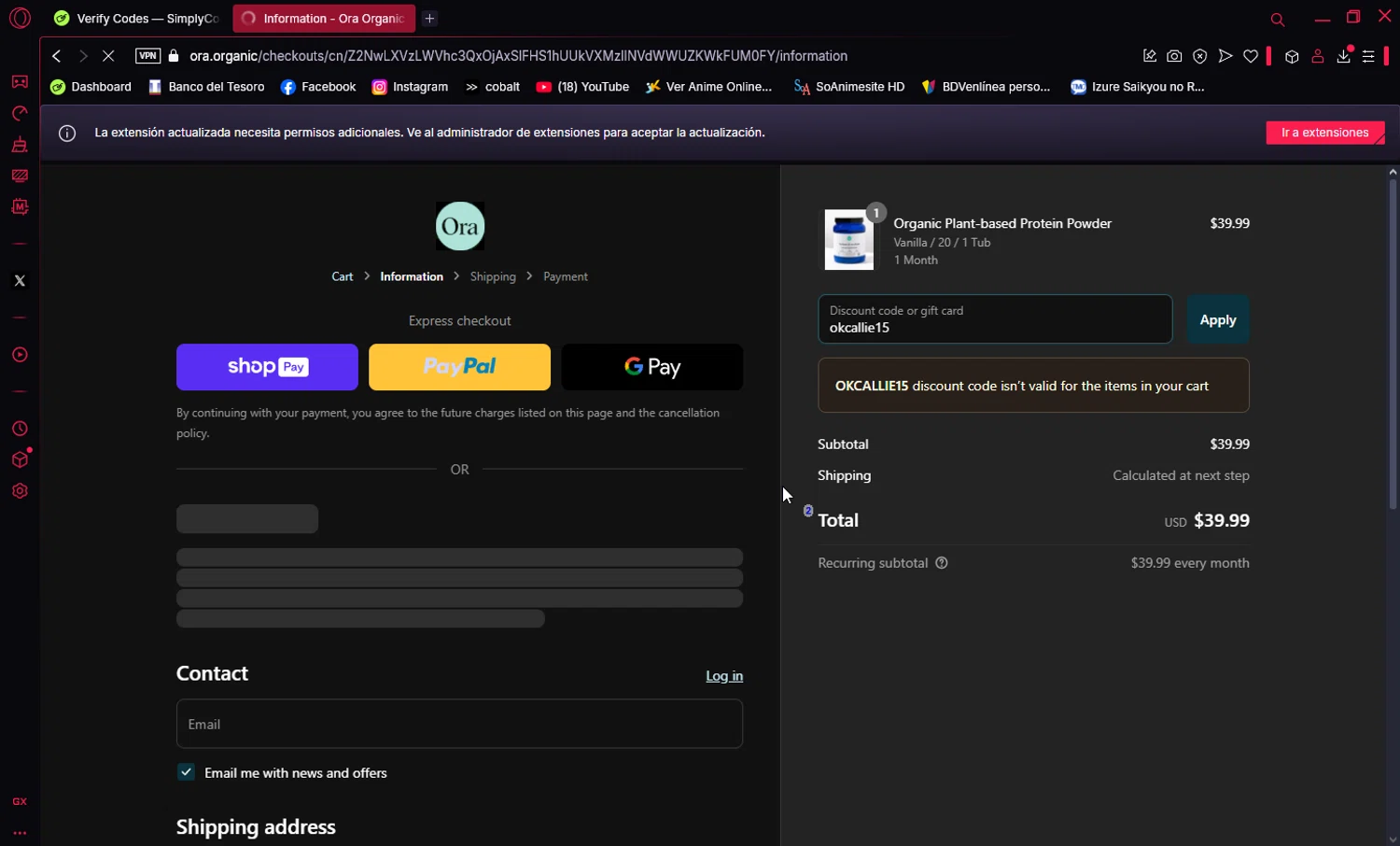 Ora Organic discount code screenshot showing code okcallie15 applied at Ora Organic checkout page. Uploaded by SimplyCodes community member Ema007 on Mar 29, 2025