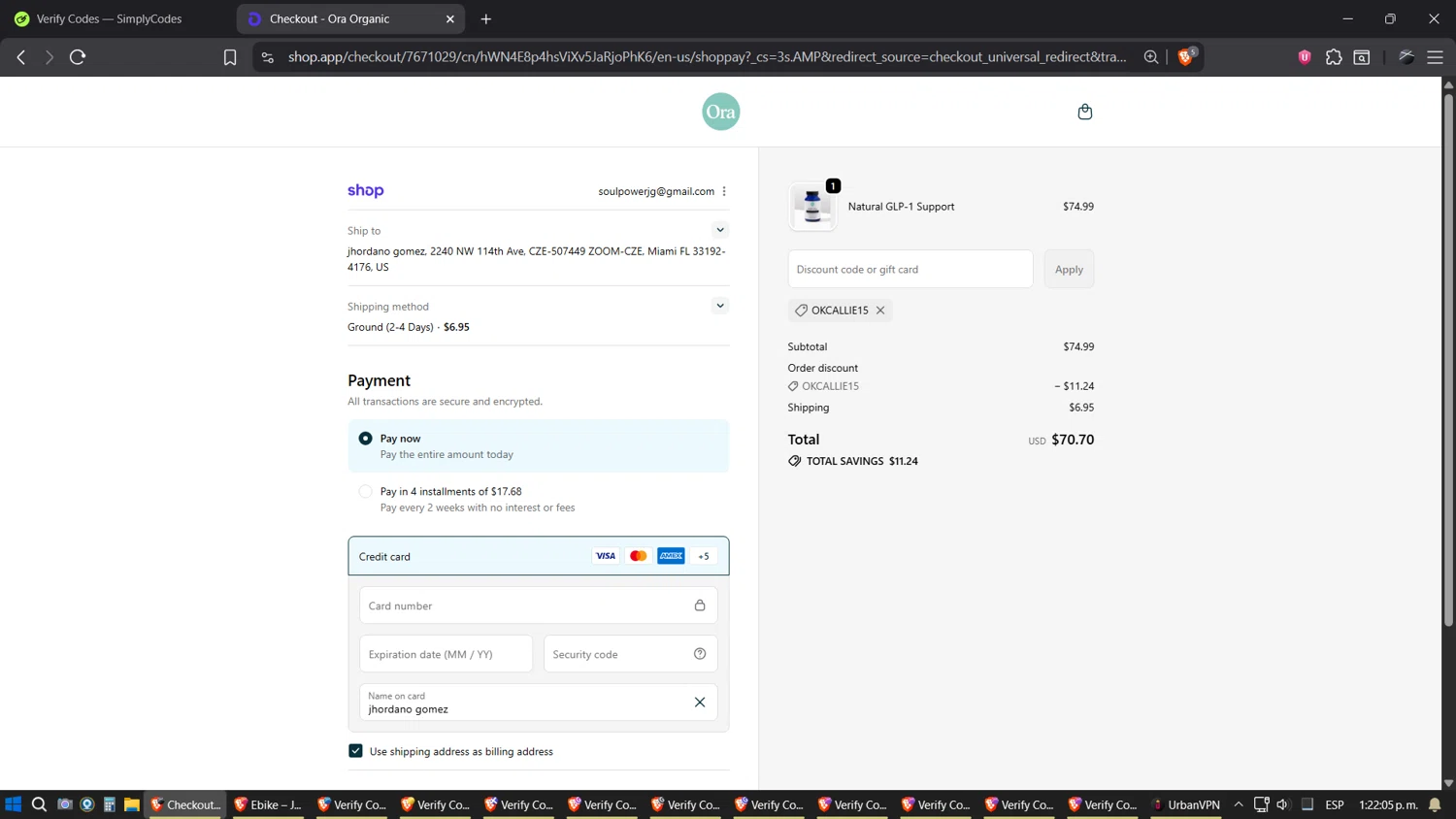 Ora Organic discount code screenshot showing code okcallie15 applied at Ora Organic checkout page. Uploaded by SimplyCodes community member SimplyGOAT on Oct 17, 2025
