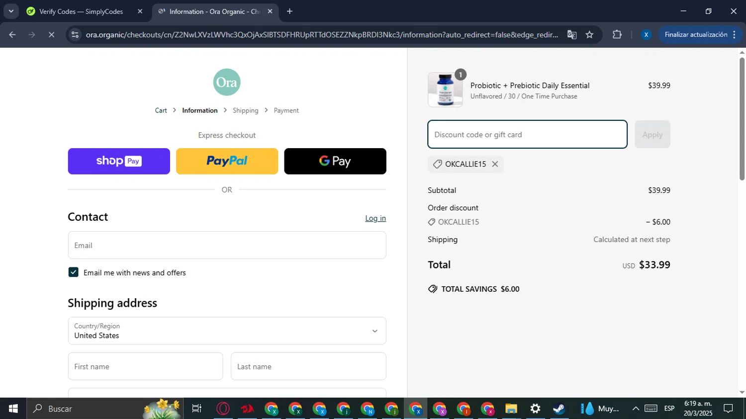 Ora Organic discount code screenshot showing code okcallie15 applied at Ora Organic checkout page. Uploaded by SimplyCodes community member ExtraordinaryOwl2235 on Mar 20, 2025