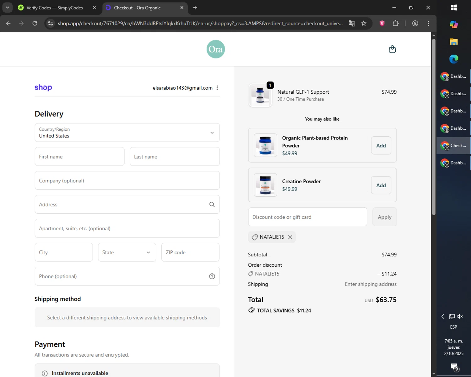 Ora Organic discount code screenshot showing code NATALIE15 applied at Ora Organic checkout page. Uploaded by SimplyCodes community member SmartMaverick5327 on Oct 2, 2025