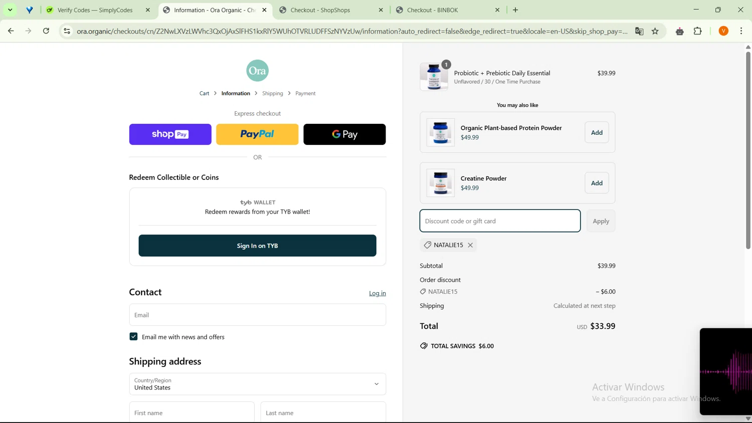 Ora Organic discount code screenshot showing code NATALIE15 applied at Ora Organic checkout page. Uploaded by SimplyCodes community member SavingsFinder9954 on Mar 29, 2025