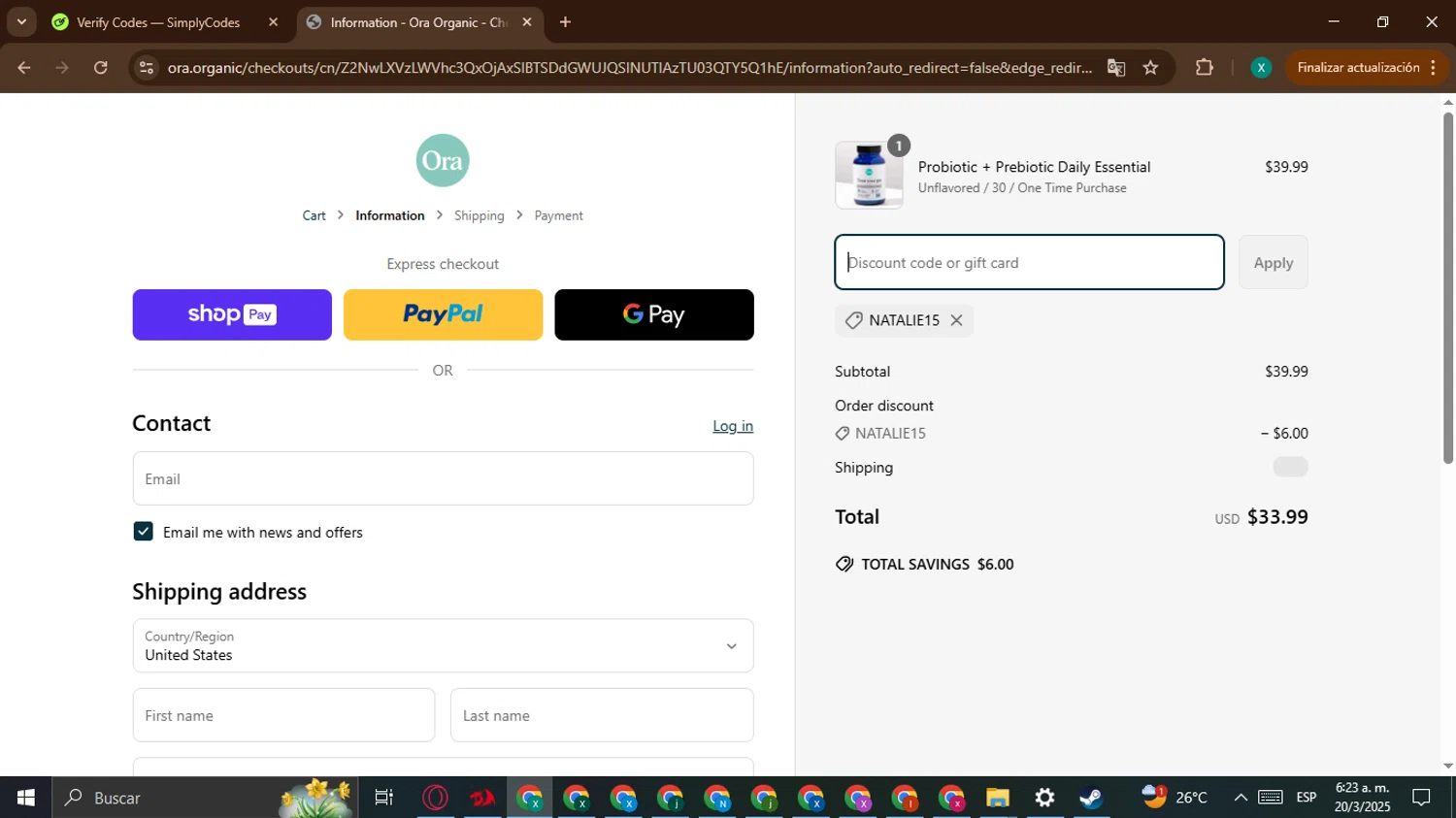 Ora Organic discount code screenshot showing code NATALIE15 applied at Ora Organic checkout page. Uploaded by SimplyCodes community member BonusWarden6019 on Mar 20, 2025