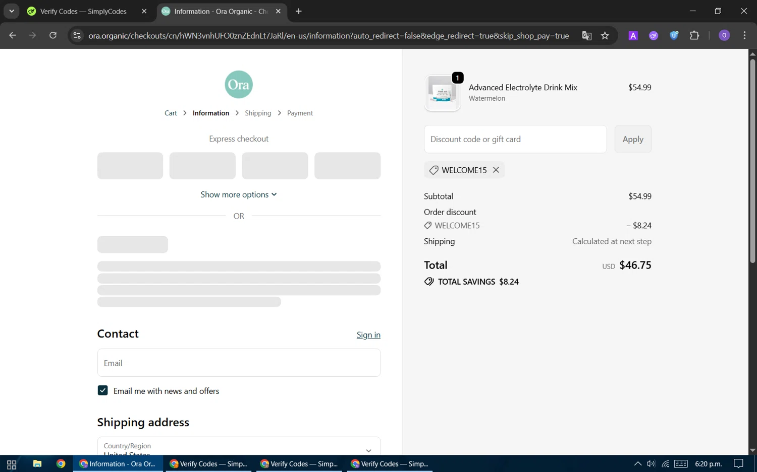 Ora Organic discount code screenshot showing code Welcome15 applied at Ora Organic checkout page. Uploaded by SimplyCodes community member BudgetHawk9503 on Oct 9, 2025