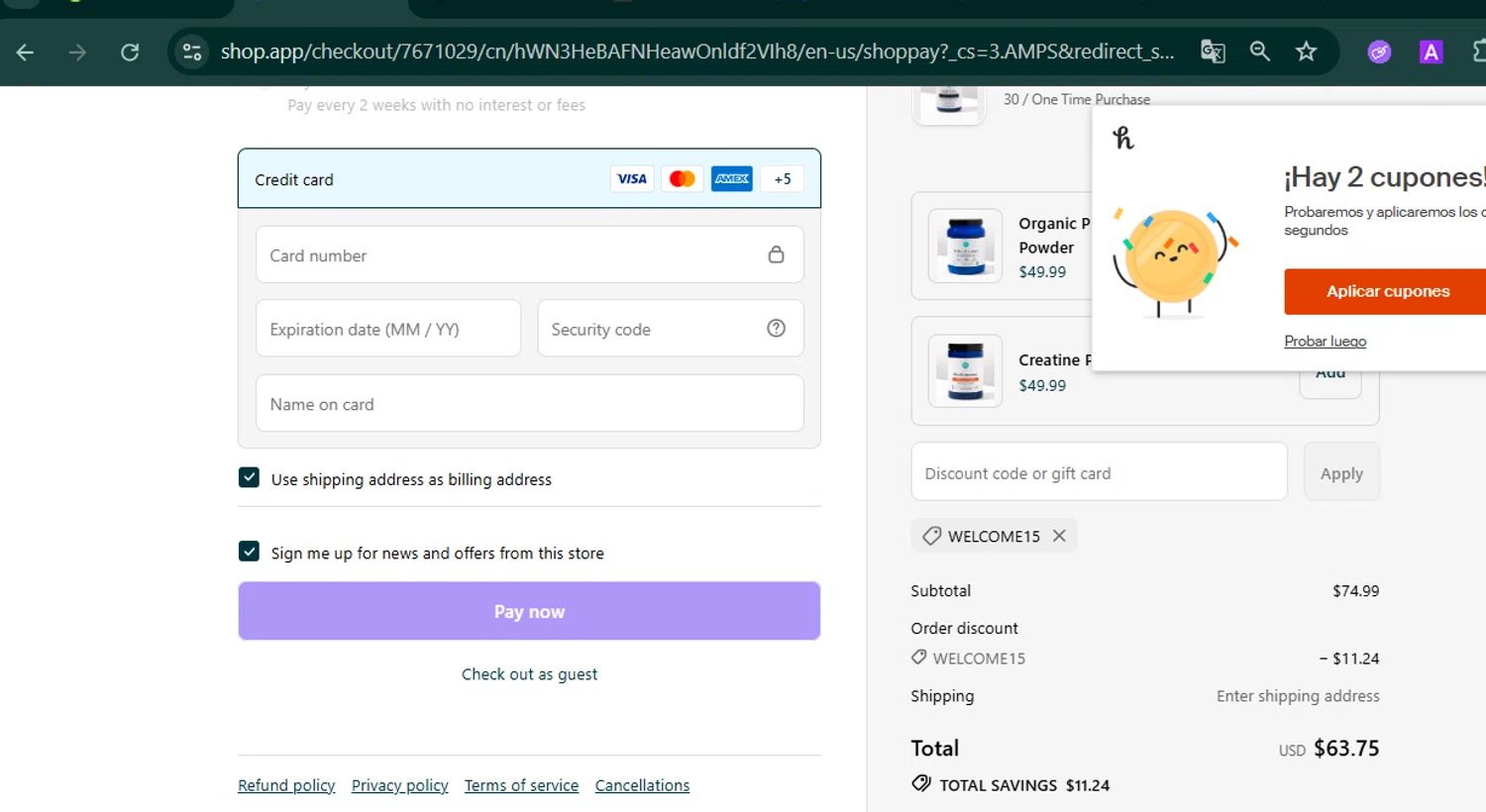Ora Organic discount code screenshot showing code Welcome15 applied at Ora Organic checkout page. Uploaded by SimplyCodes community member MARCVH on Sep 22, 2025