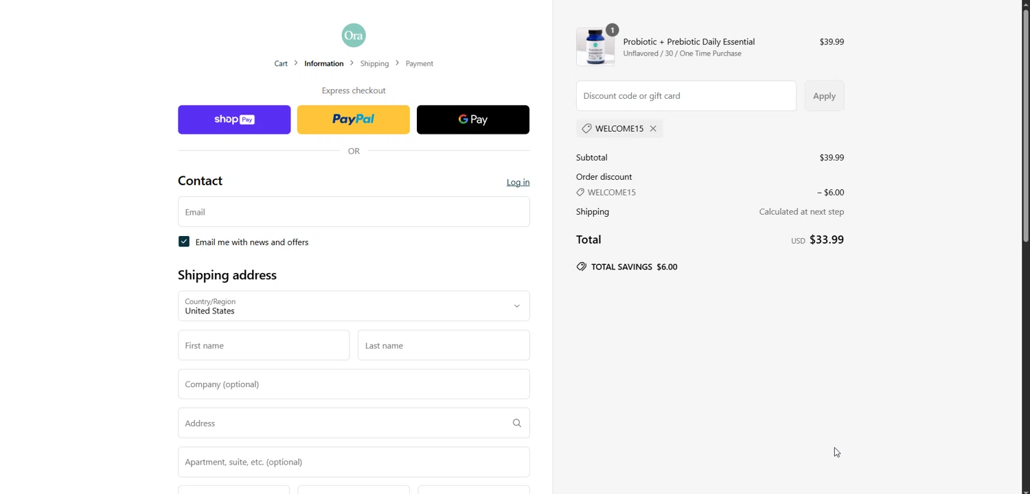 Ora Organic discount code screenshot showing code Welcome15 applied at Ora Organic checkout page. Uploaded by SimplyCodes community member Ryukyu on Apr 12, 2025